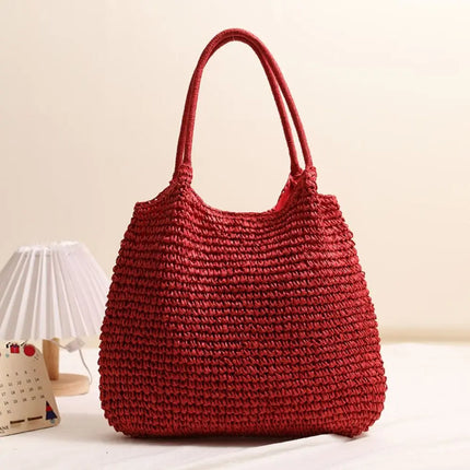 Fashionable Straw Tote Bag Large Capacity Woven Beach Bag Solid Color Casual Square Beach Bag