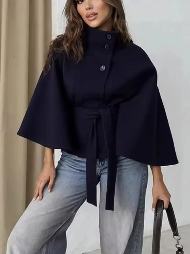 SMVP 2026 New Lace Up High Neck Jackets For Women Belt Faux Wool Blends Cape Coats Autumn Winter Warm Elegant Cloak Coat Ladies