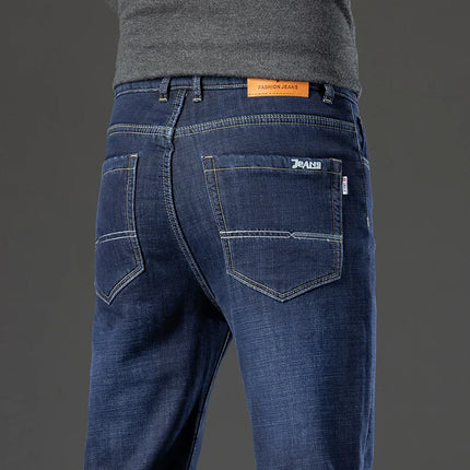 Soft Comfort Thicken Elastic Jeans Male Winter Warm Fleece Work Trousers Men Plush Wool Stretch Loose Straight Denim Pants
