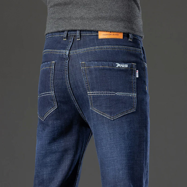 Soft Comfort Thicken Elastic Jeans Male Winter Warm Fleece Work Trousers Men Plush Wool Stretch Loose Straight Denim Pants