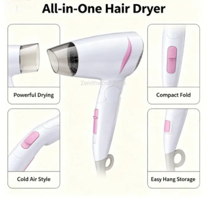 Compact Foldable Travel Blow Dryer 1600W Power 100‑240V Universal Voltage Cold Air Function Hanging Loop Design For Travel Household Hair Care