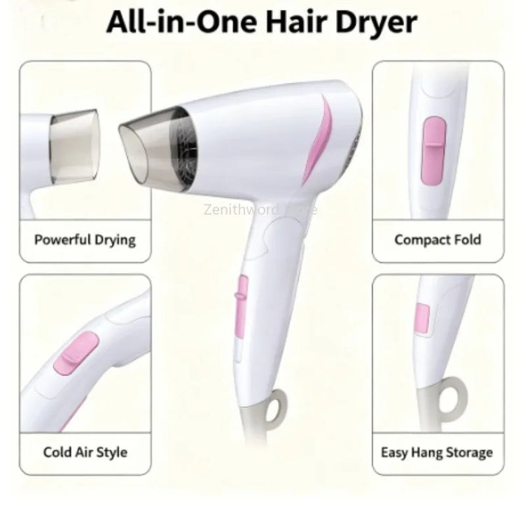 Compact Foldable Travel Blow Dryer 1600W Power 100‑240V Universal Voltage Cold Air Function Hanging Loop Design For Travel Household Hair Care