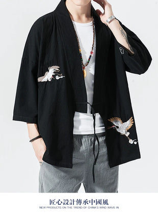 Camicie gru ricamate stile cinese retrò cotone lino Tang vestito Cardigan Mens tradizionale Kung Fu Tai Chi Casual Top camicette