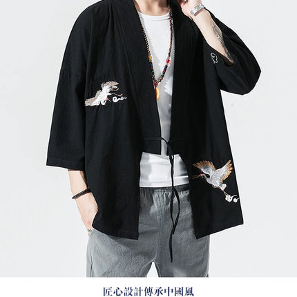 Camicie gru ricamate stile cinese retrò cotone lino Tang vestito Cardigan Mens tradizionale Kung Fu Tai Chi Casual Top camicette