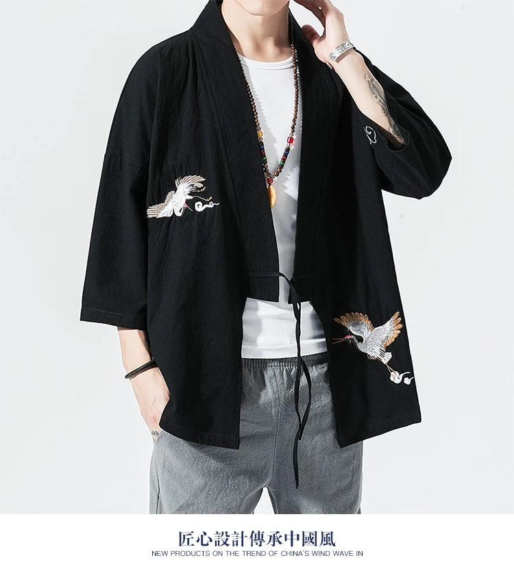 Camicie gru ricamate stile cinese retrò cotone lino Tang vestito Cardigan Mens tradizionale Kung Fu Tai Chi Casual Top camicette