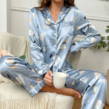 Pigiama da donna con stampa floreale color block, maniche lunghe e pantaloni in raso per un sonno confortevole, morbido pigiama e pigiama da notte