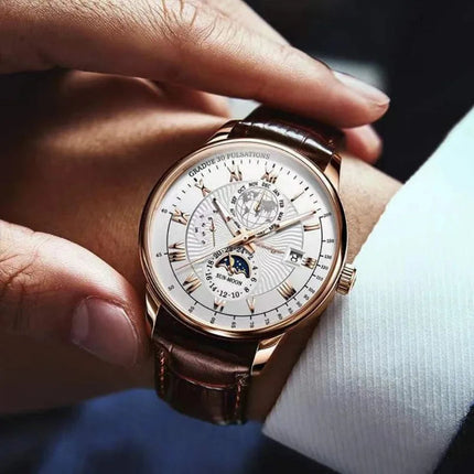 Orologio da uomo di lusso cronografo impermeabile modello fasi lunari orologio da polso da uomo luminoso in pelle orologi al quarzo da uomo orologio Casual platinumshop