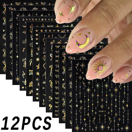 12Pcs 3D Laser Silver Star Ribbon Nail Stickers Y2K Stars Moon Sun Self-Adhesive Slider Exquisite Flower Leaf DIY Manicure Decal