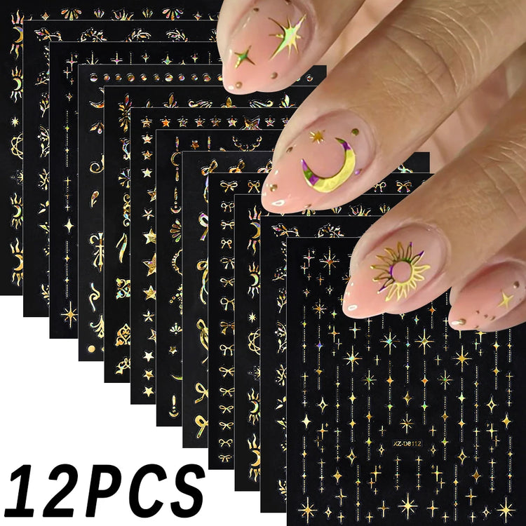 12Pcs 3D Laser Silver Star Ribbon Nail Stickers Y2K Stars Moon Sun Self-Adhesive Slider Exquisite Flower Leaf DIY Manicure Decal