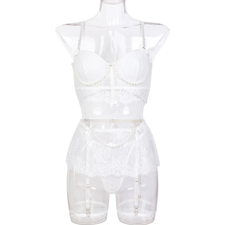 Sexy Erotic Womens Western Style Handmade Pearl 4 Piece Set Sensual See Through Lace Alluring Bowknot Attractive Breathable Set