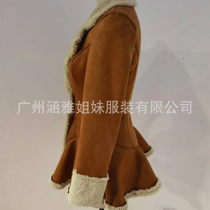 Women's Vintage Suede Coat Fur Collar Lapel  Beggar Style