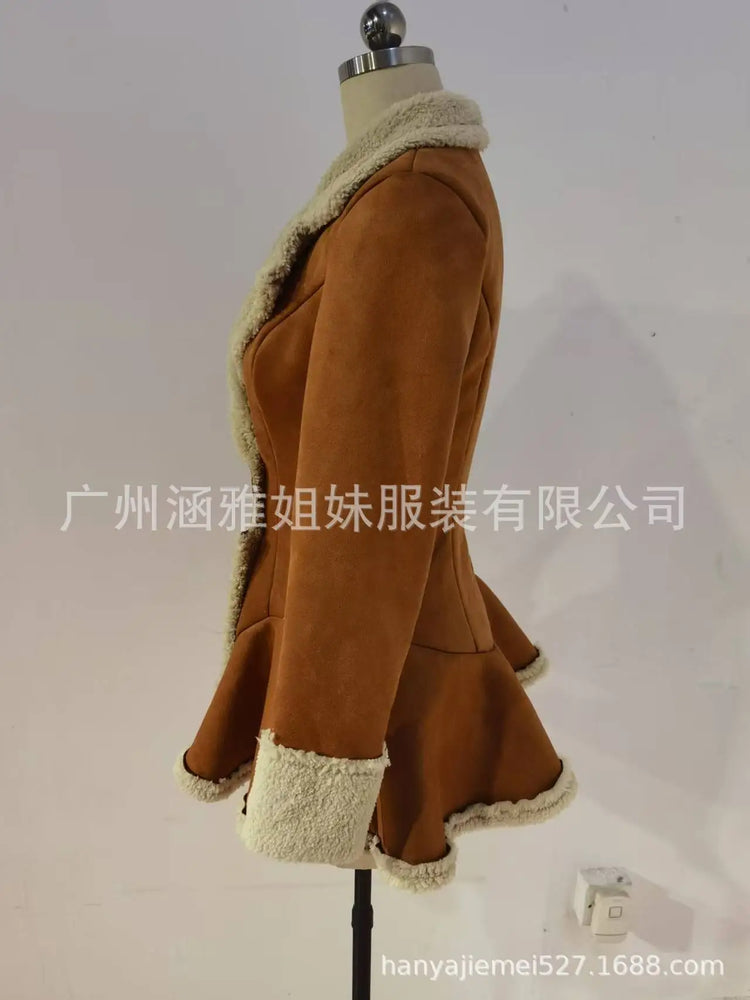 Women's Vintage Suede Coat Fur Collar Lapel  Beggar Style