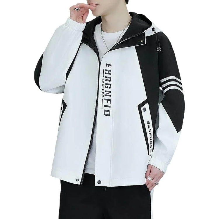 Spring Autumn Men's Hooded Jacket Loose Versatile Trendy Color Block Fashion Outerwear Windproof Thickened Long Sleeve Zipper