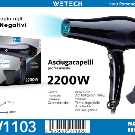 WETECH 2200W Professional Negative Ionic Hair Dryer Dual Voltage 100-240V Adjustable Hot Cool Wind Blow Dryer With Concentrator Nozzle Salon Home Hair Styling Tool