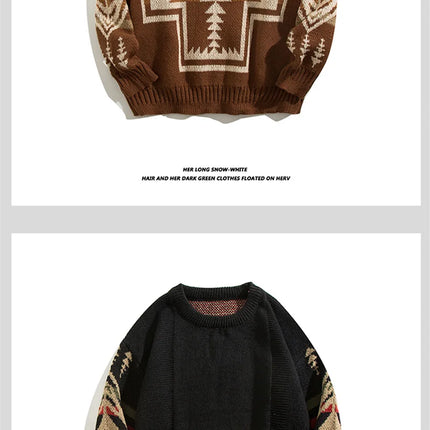Autumn Men's Ethnic Style O-Neck Knitted Sweaters Y2K Vintage Streetwear Knitwear 2025 New Casual Pattern Printed pull homme