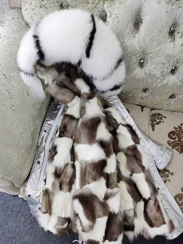 Winter Long Jacket Real Fur Coat Women Clothes Large Silver Fox Fur Collar Detachable Natural Fox Lining Parkas Leather Fur