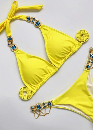 Catene di metallo con scollo all'americana Strass Diamante Bikini Costume da bagno donna Costumi da bagno femminili Due pezzi Bikini set Costume da bagno brasiliano Swim platinumshop