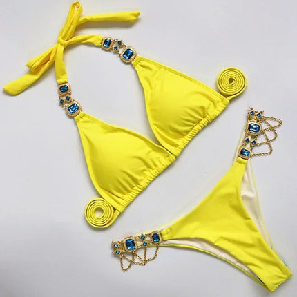 Catene di metallo con scollo all'americana Strass Diamante Bikini Costume da bagno donna Costumi da bagno femminili Due pezzi Bikini set Costume da bagno brasiliano Swim platinumshop