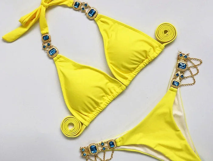 Catene di metallo con scollo all'americana Strass Diamante Bikini Costume da bagno donna Costumi da bagno femminili Due pezzi Bikini set Costume da bagno brasiliano Swim platinumshop