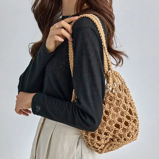 Women's Summer Beach Bag Knitted Net Rope Bucket Shoulder Bags Hollow Out Lattice Travel Shopper Bags Fashion Lady Handbag