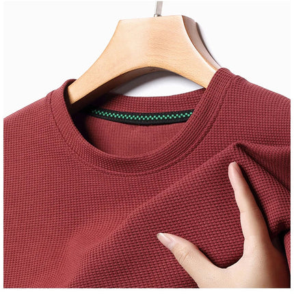 New Summer Waffle Round Neck Short Sleeved T-shirt for Men's Short Sleeved Top PlatiNum