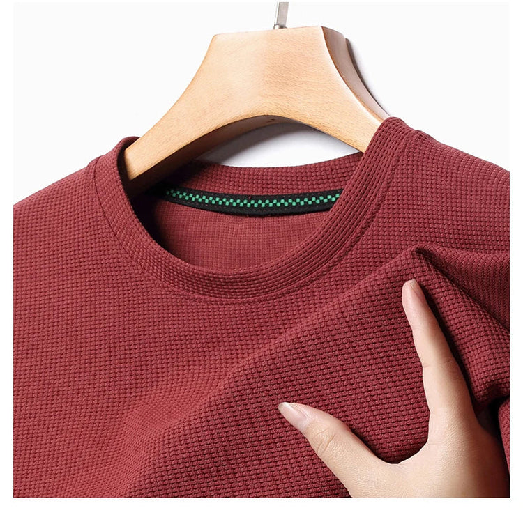 New Summer Waffle Round Neck Short Sleeved T-shirt for Men's Short Sleeved Top PlatiNum
