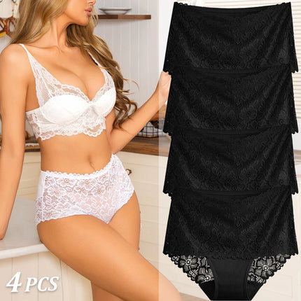 4PCS/SET Women's Sexy Lace Panty Hollow Out High Waist Women's Briefs Breathable Comfortable Underwear Plus Size Women Lingerie