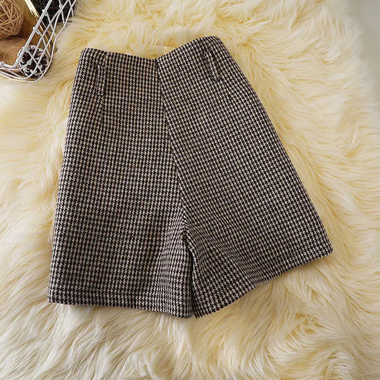 Women's Retro Houndstock Pockets Zipper Autumn and Winter High Waist New Fashion All Match Woolen Wide Leg Korean A-line Shorts