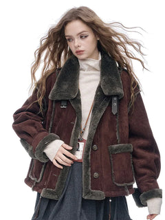ELFSACK Women's Vintage Suede Plush Winter Coat 2025, Loose Turn-Down Collar Blend Jacket, Casual Versatile Outerwear