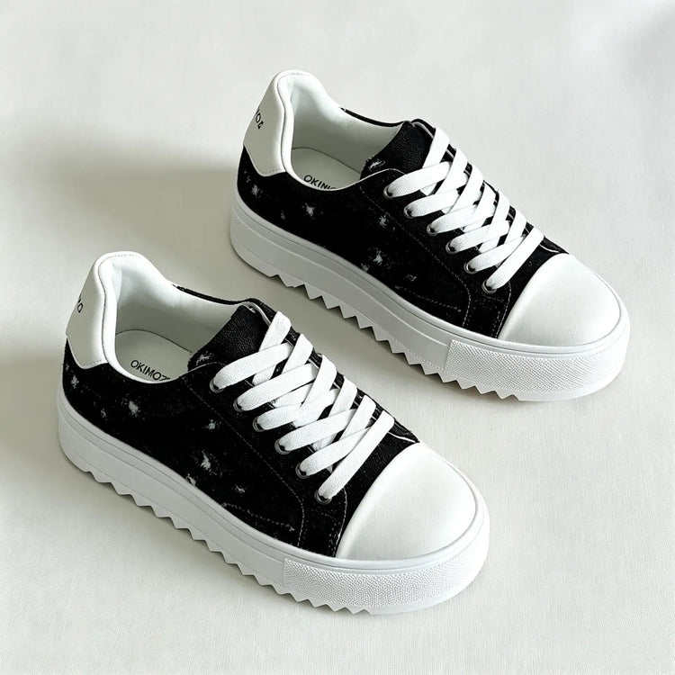 Okimoz Men Height Increasing Distressed Ripped Platform Canvas Sneakers Autumn Winter Low Top Lace Up Casual Campus Daily Skate