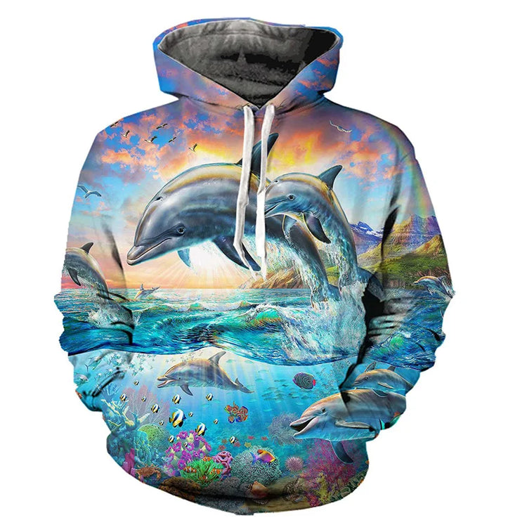 Dolphin Hoodies Kawaii Animal 3D Print Men Women Hooded Sweatshirts Oversized Harajuku Pullovers Y2k Tracksuit Tops Man Clothing