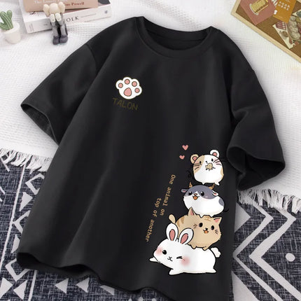 T-shirt a maniche corte da indossare ogni giorno con stampa dolce stile criceto giapponese carino T-shirt a mezza manica per studente adolescente casual allentato da donna