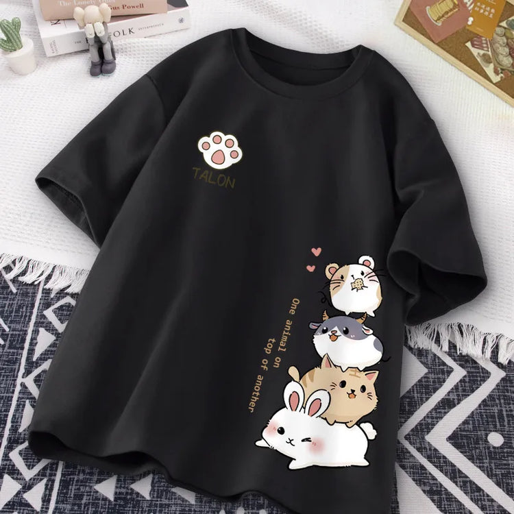 T-shirt a maniche corte da indossare ogni giorno con stampa dolce stile criceto giapponese carino T-shirt a mezza manica per studente adolescente casual allentato da donna
