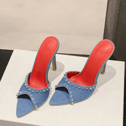 Liyke 2026 Mode d'été Rivet Métallique Designer Talons Hauts Pantoufles pour femmes Sexy Bout Pointu Fête Stripper Chaussures Sandales