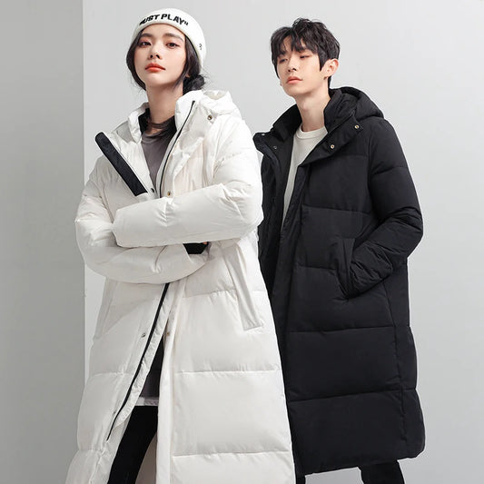2024 Winter New Male and Female Couples Down Jacket Trend Casual Long Over The Knee Hooded Thickening Casual Daily Warm Coat