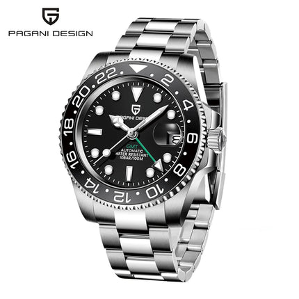 TOP PAGANI DESIGN PD1662 GMT Orologio meccanico automatico da uomo Cinturino in acciaio inossidabile Anello in ceramica blu Quadrante bianco Resistente all'acqua fino a 100 m Orologi da polso sportivi da uomo luminosi per uom