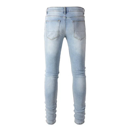 High Street Jeans Patch Hand-worn Holes Slim Skinny Jeans for Men PlatiNum