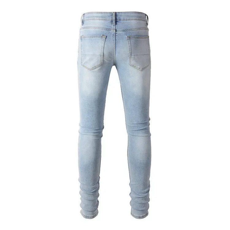 High Street Jeans Patch Hand-worn Holes Slim Skinny Jeans for Men PlatiNum