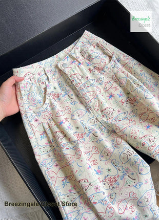 American ins graffiti jeans a fiori stampati completi da donna primavera ed estate nuovo design alla moda pantaloni larghi a vita alta
