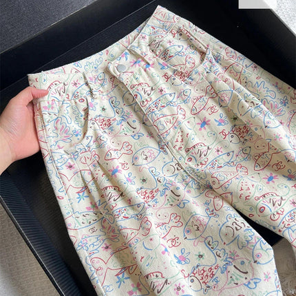 American ins graffiti jeans a fiori stampati completi da donna primavera ed estate nuovo design alla moda pantaloni larghi a vita alta