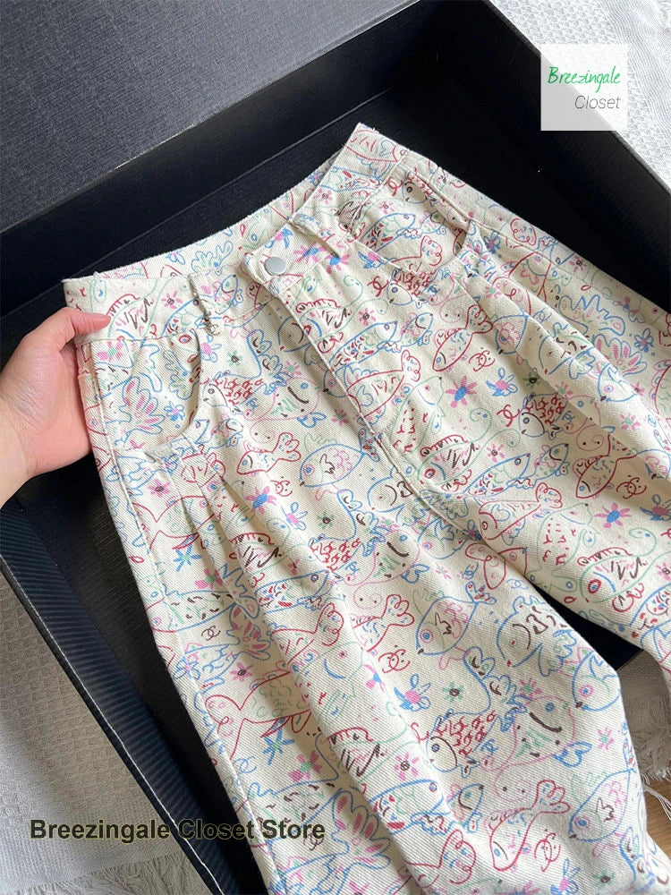 American ins graffiti jeans a fiori stampati completi da donna primavera ed estate nuovo design alla moda pantaloni larghi a vita alta