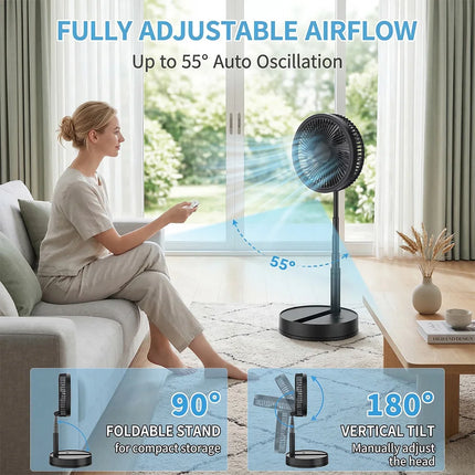 Ventilatore Portatile Pieghevole da 8000mAh, Ultra Silenzioso, Ricaricabile USB, Ventilatore da Tavolo/Scrivania, 20 Ore di Raffreddamento Senza Fili per Casa, Ufficio, Campeggio, Viaggi – Ventilatore da Terra Pieghevole Po