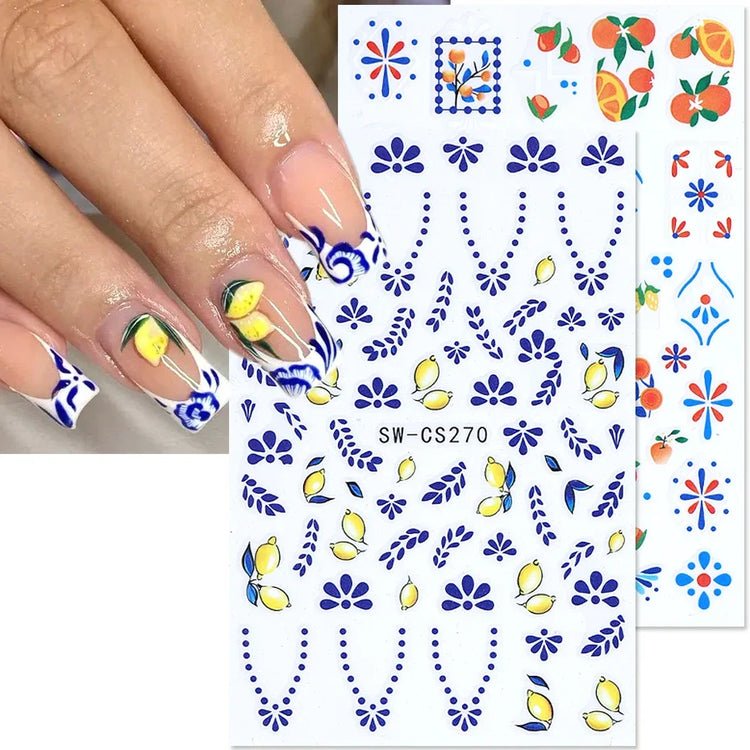 3/5pcs 3D Blue Fruit Bohemian Nail Sticker Cartoon Lemon Orange French Floral Petals Lines Leaves DIY Summer Manicure Decoration