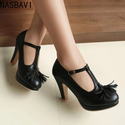 NASBAVI Fashion Female Pumps Round Toe Chunky Heels 9cm Platform 1.5cm Buckle T-Strap Tassels Plus Size 46 47 48 Sexy Shoes PlatiNum