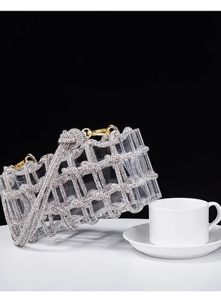 Classic 2025 Acrylic Box Bag with Woven Diamond Rope Handheld Evening Women's Bag Transparent Dinner Handbag European Style PlatiNum