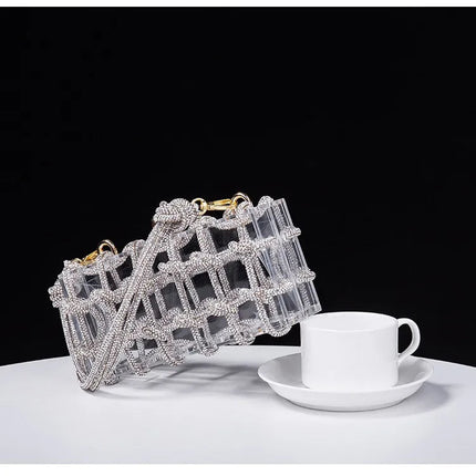Classic 2025 Acrylic Box Bag with Woven Diamond Rope Handheld Evening Women's Bag Transparent Dinner Handbag European Style PlatiNum