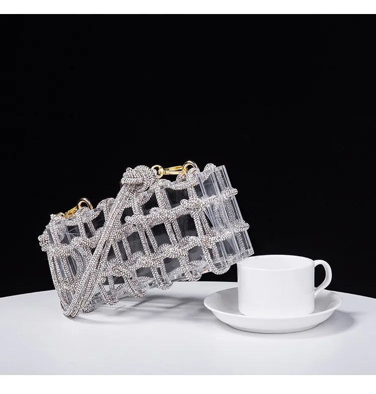 Classic 2025 Acrylic Box Bag with Woven Diamond Rope Handheld Evening Women's Bag Transparent Dinner Handbag European Style PlatiNum