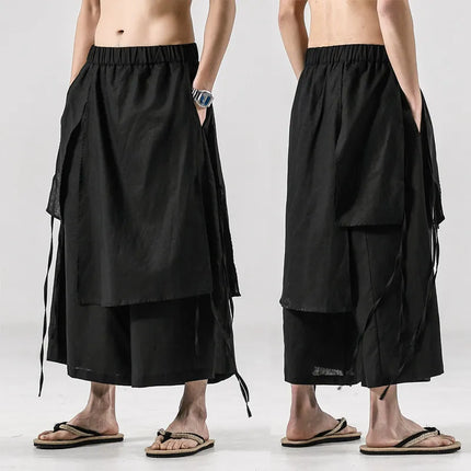 Pantaloni da uomo irregolari in cotone e lino, stile Harajuku, a gamba larga, tinta unita, casual, con elastico in vita, vestibilità ampia, stile punk