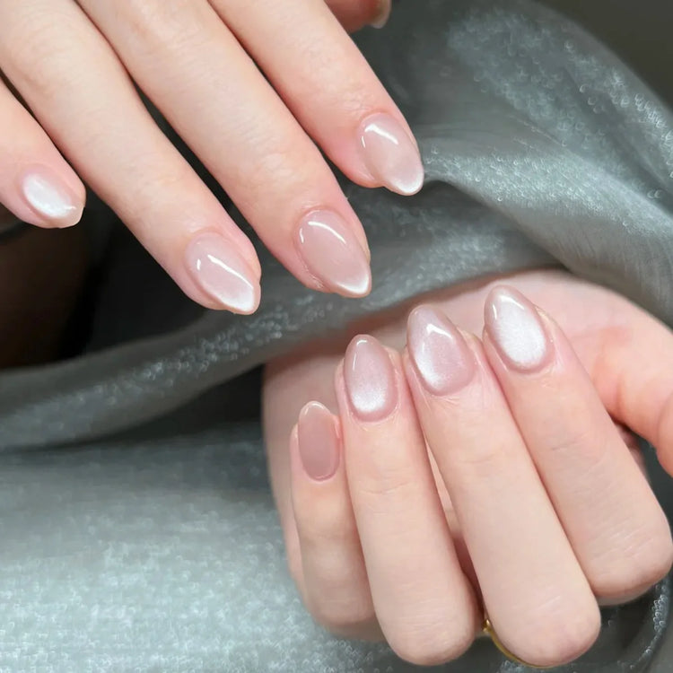 24Pcs Medium Almond Nude‑Pink 3D Textured Metallic Cat‑Eye French Sheer Press‑On False Nails For Nail Art Decor