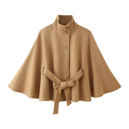 Women's Elegant Midi Cape Coat with Stand Collar Three Quarter Flared Sleeves Solid Color Belted Loose Fit Poncho For Woman